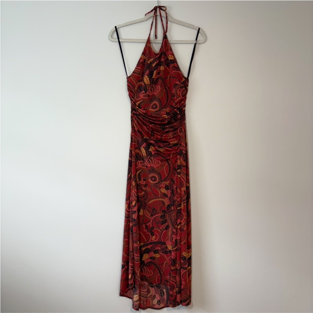 A.L.C. Halter Neck Ruched Red and Black Backless Dress Asymmetrical Sample
